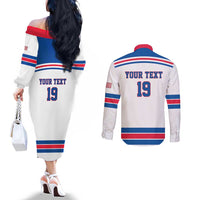Custom USA Ice Hockey Couples Matching Off The Shoulder Long Sleeve Dress and Long Sleeve Button Shirt Let’s Go Champions