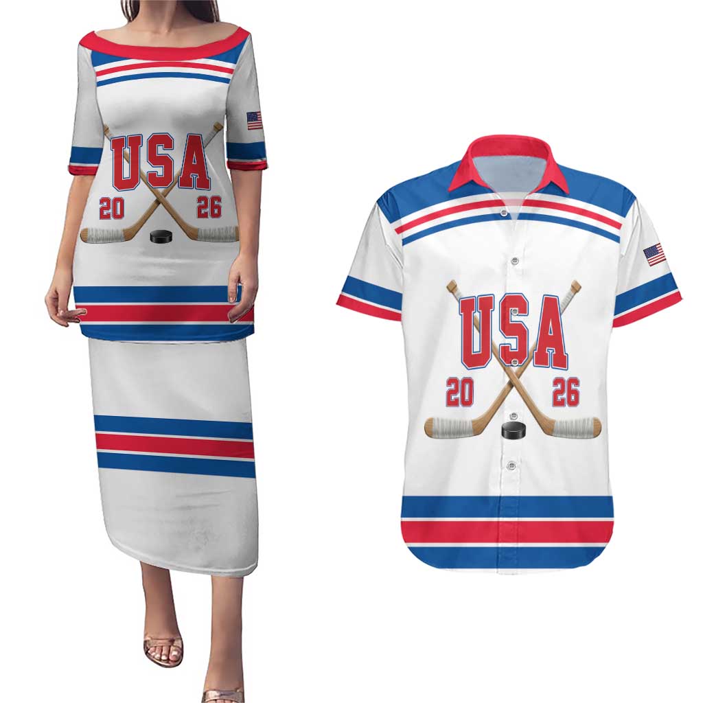 Custom USA Ice Hockey Couples Matching Puletasi and Hawaiian Shirt Let’s Go Champions