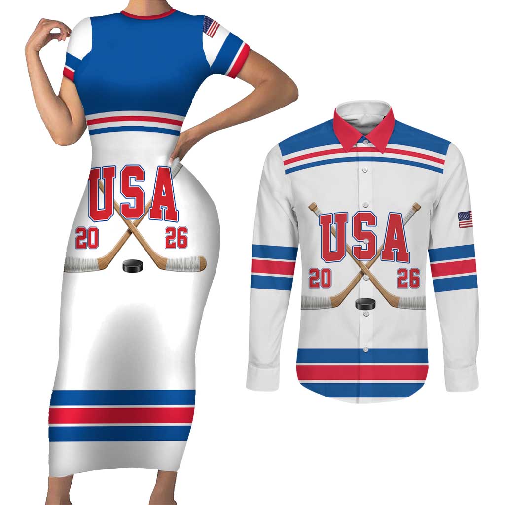 Custom USA Ice Hockey Couples Matching Short Sleeve Bodycon Dress and Long Sleeve Button Shirt Let’s Go Champions