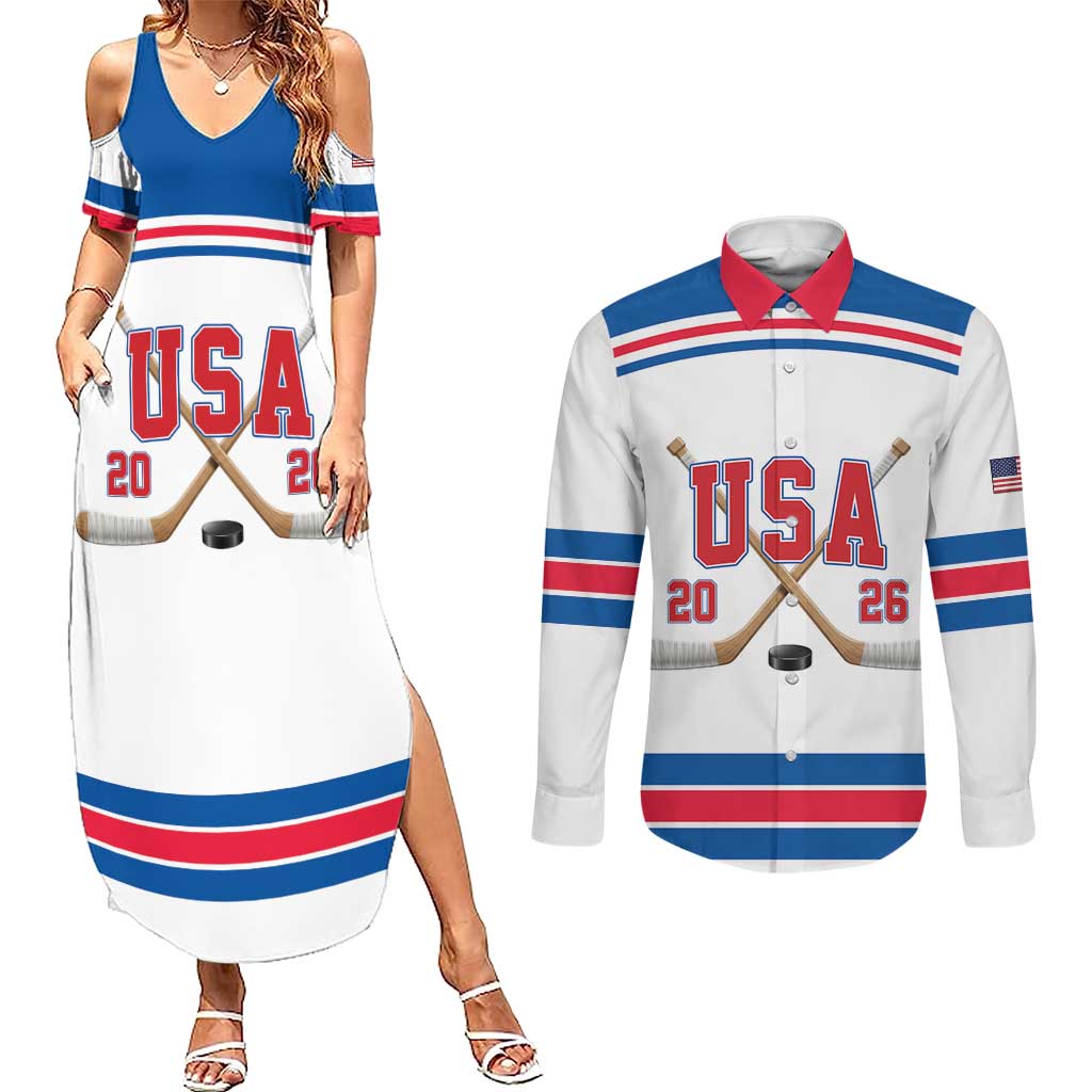 Custom USA Ice Hockey Couples Matching Summer Maxi Dress and Long Sleeve Button Shirt Let’s Go Champions