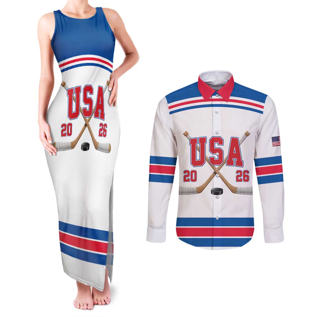 Custom USA Ice Hockey Couples Matching Tank Maxi Dress and Long Sleeve Button Shirt Let’s Go Champions