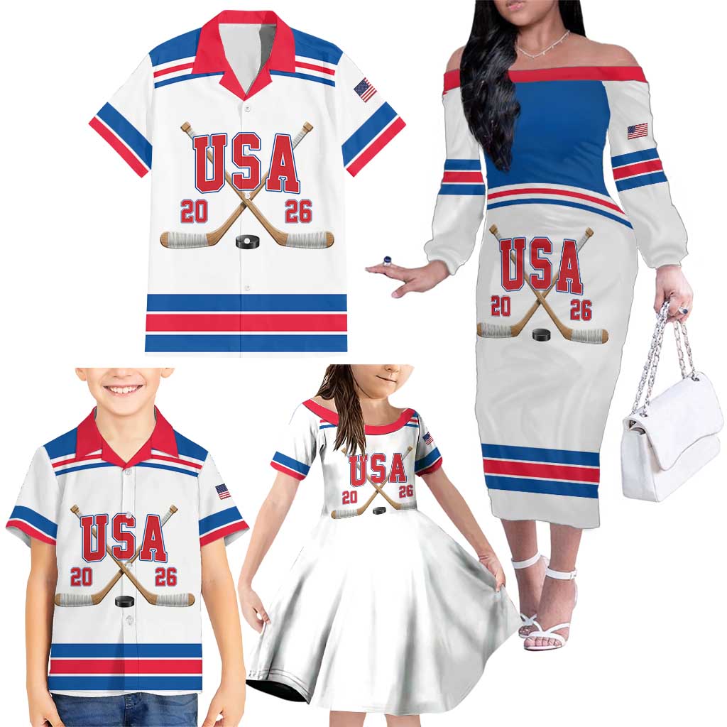 Custom USA Ice Hockey Family Matching Off The Shoulder Long Sleeve Dress and Hawaiian Shirt Let’s Go Champions