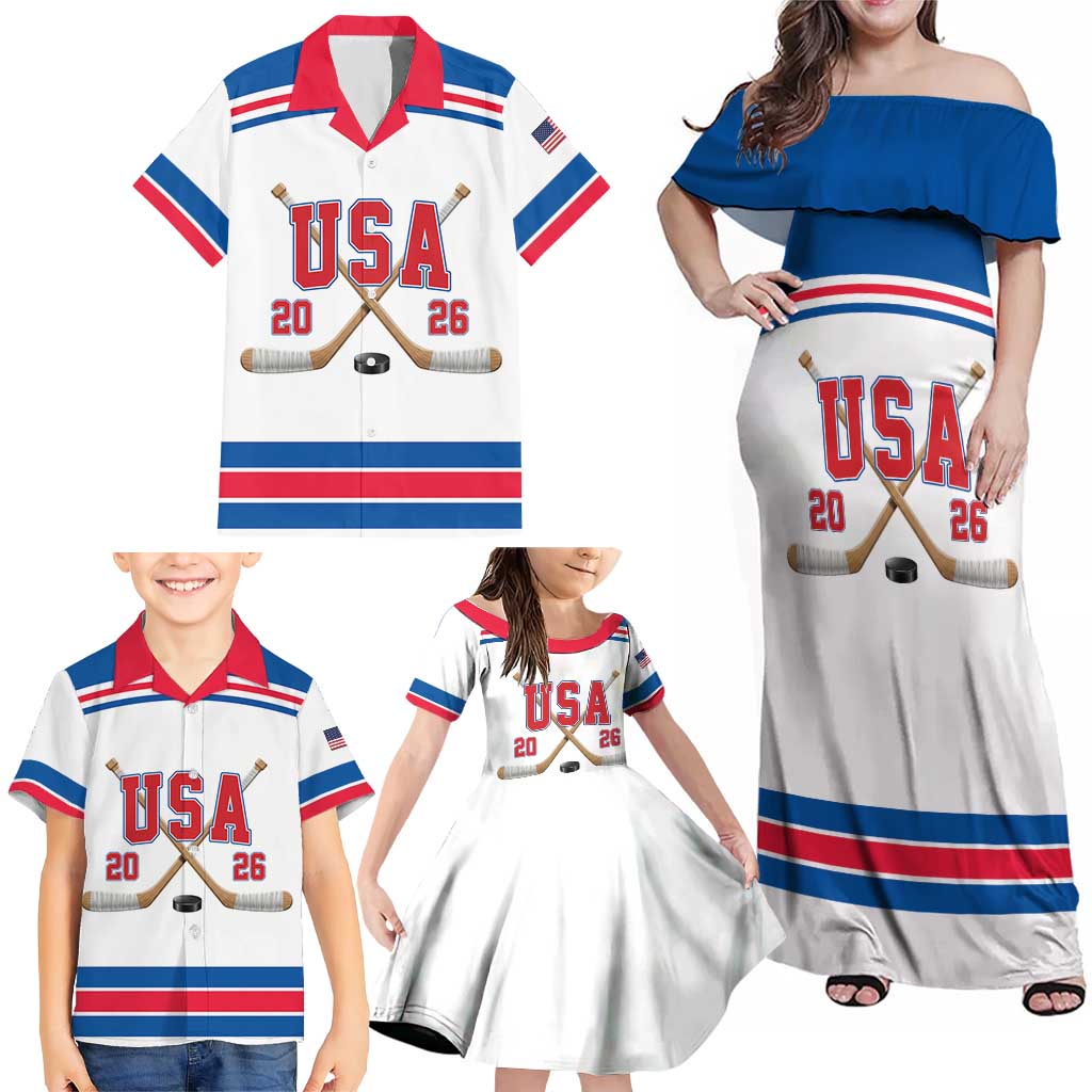 Custom USA Ice Hockey Family Matching Off Shoulder Maxi Dress and Hawaiian Shirt Let’s Go Champions