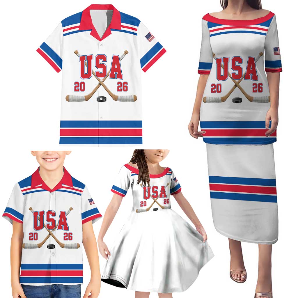Custom USA Ice Hockey Family Matching Puletasi and Hawaiian Shirt Let’s Go Champions
