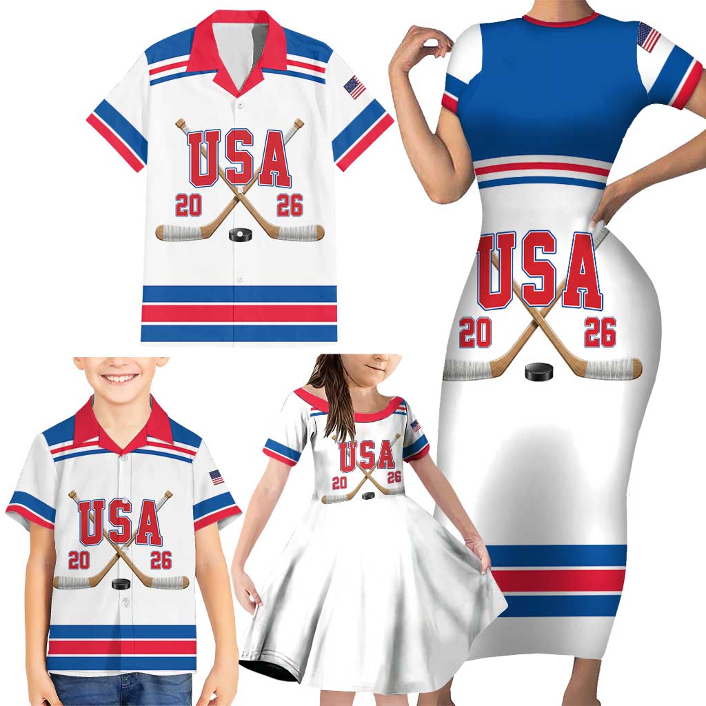 Custom USA Ice Hockey Family Matching Short Sleeve Bodycon Dress and Hawaiian Shirt Let’s Go Champions