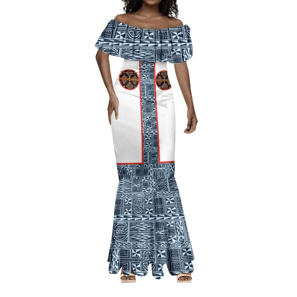 Cameroon Traditional Toghu Pattern Mermaid Dress African Tribal Ndop Geometric Design