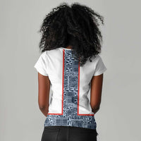 Cameroon Traditional Toghu Pattern Women V-Neck T-Shirt African Tribal Ndop Geometric Design
