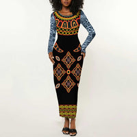 Cameroon Bamileke Toghu Pattern Long Sleeve Bodycon Dress Bamenda Royal Cultural Design