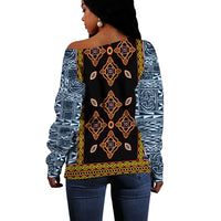 Cameroon Bamileke Toghu Pattern Off Shoulder Sweater Bamenda Royal Cultural Design