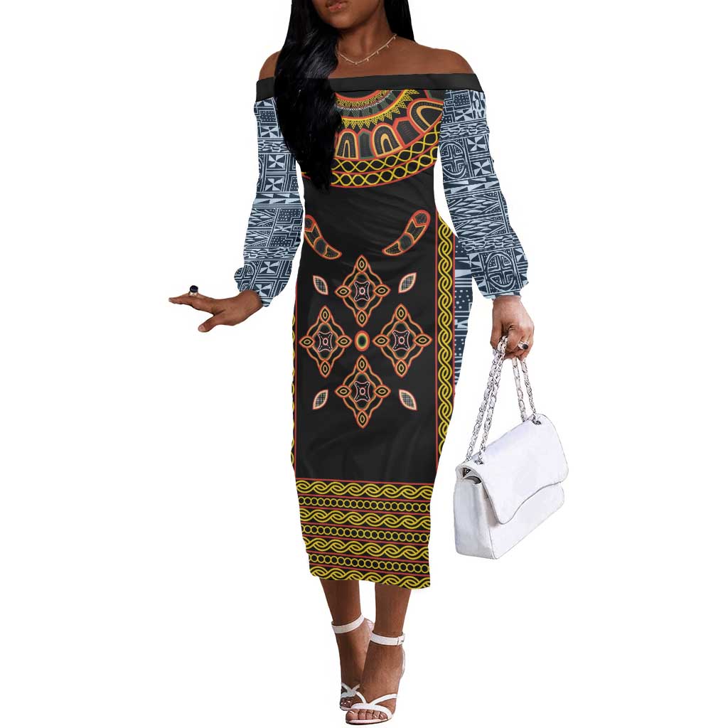 Cameroon Bamileke Toghu Pattern Off The Shoulder Long Sleeve Dress Bamenda Royal Cultural Design
