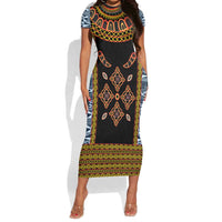 Cameroon Bamileke Toghu Pattern Short Sleeve Bodycon Dress Bamenda Royal Cultural Design