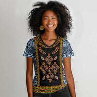Cameroon Bamileke Toghu Pattern Women V-Neck T-Shirt Bamenda Royal Cultural Design