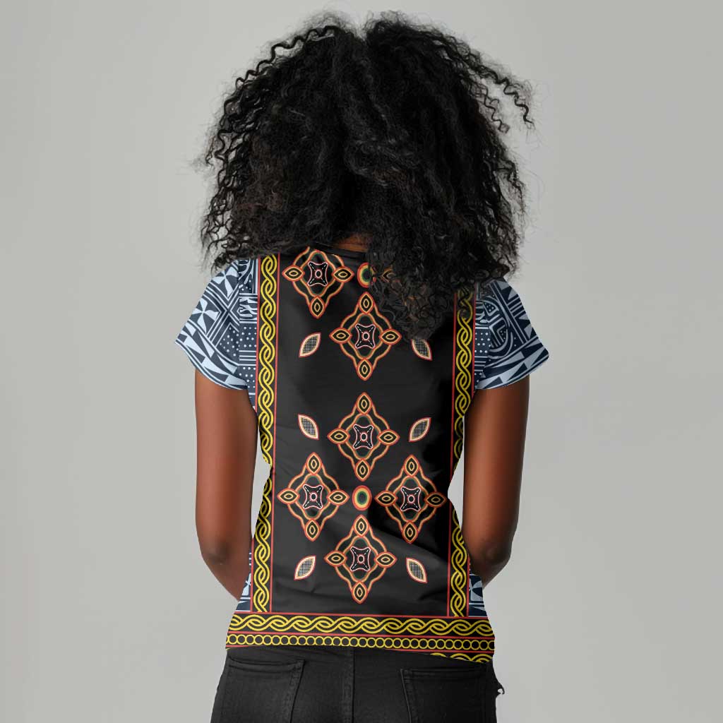 Cameroon Bamileke Toghu Pattern Women V-Neck T-Shirt Bamenda Royal Cultural Design