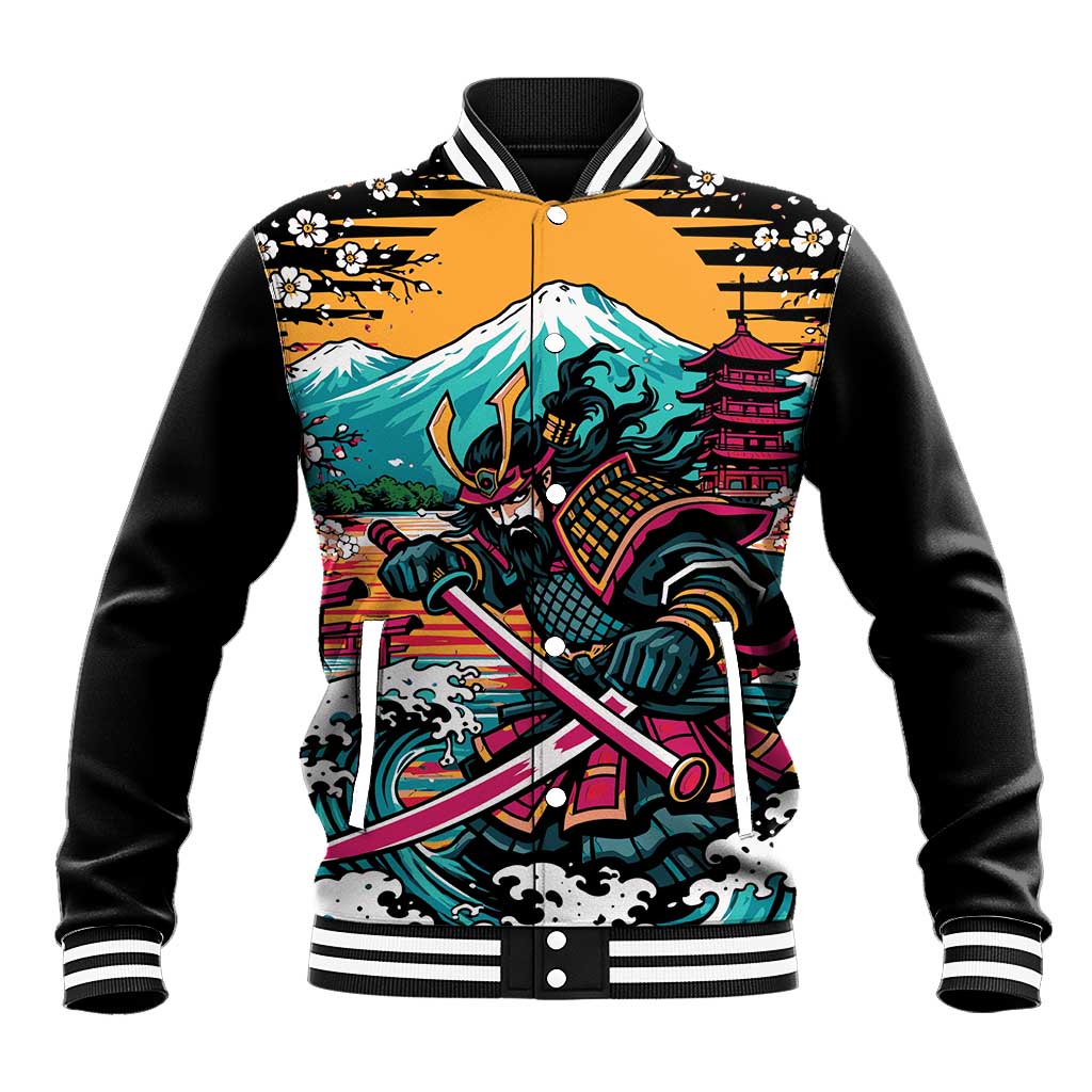 Japanese Samurai Warrior Mount Fuji Baseball Jacket Katana Japanese Wave Cherry Blossom Art