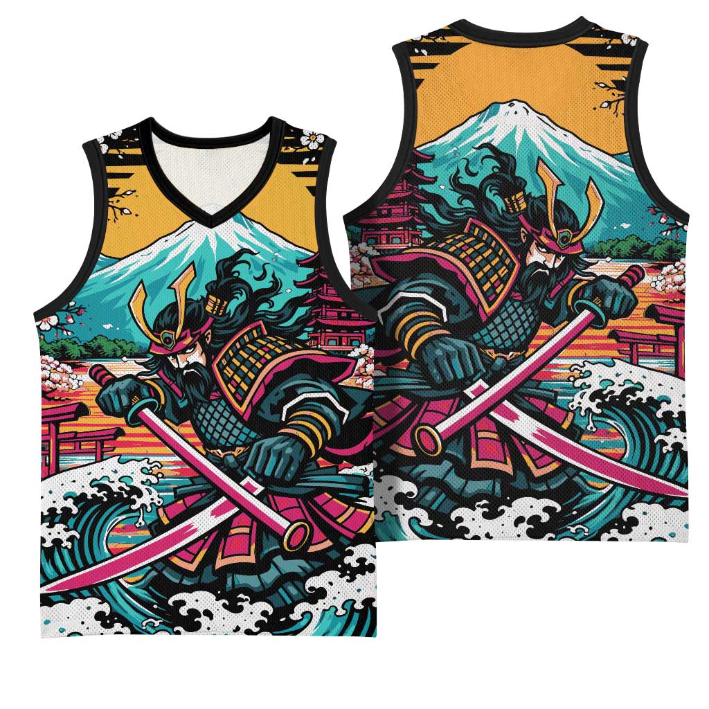 Japanese Samurai Warrior Mount Fuji Basketball Jersey Katana Japanese Wave Cherry Blossom Art