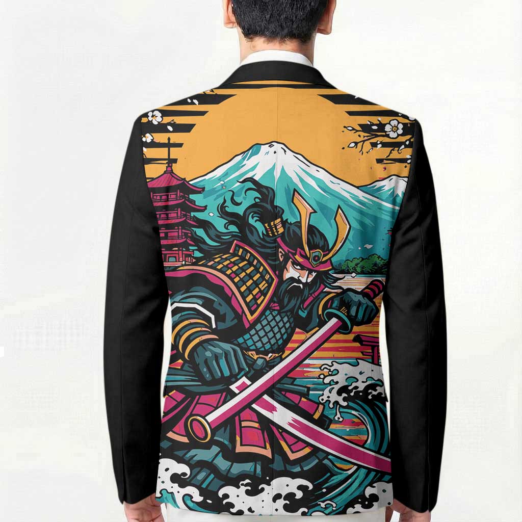 Japanese Samurai Warrior Mount Fuji Blazer Katana Japanese Wave Cherry Blossom Art