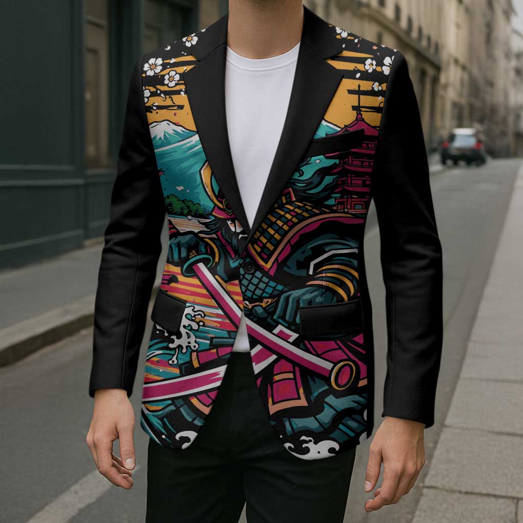 Japanese Samurai Warrior Mount Fuji Blazer Katana Japanese Wave Cherry Blossom Art