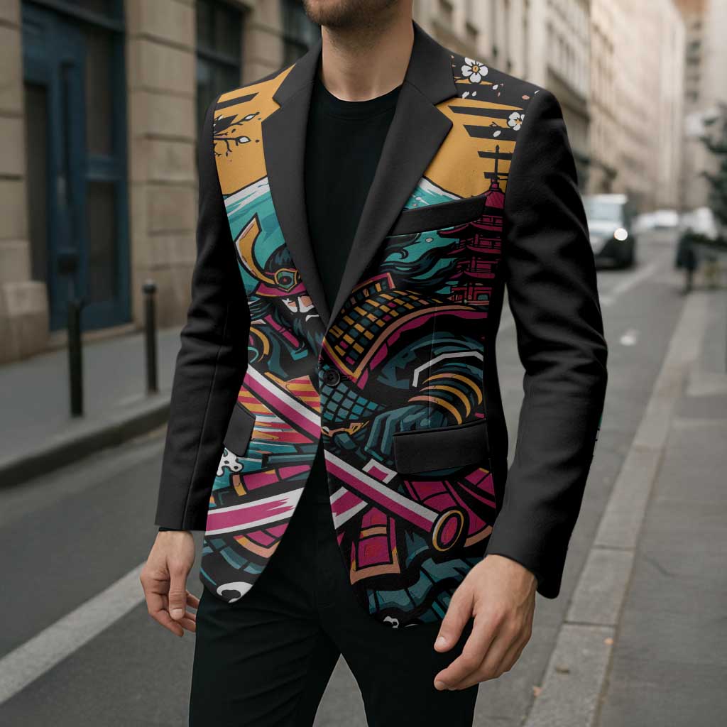 Japanese Samurai Warrior Mount Fuji Blazer Katana Japanese Wave Cherry Blossom Art