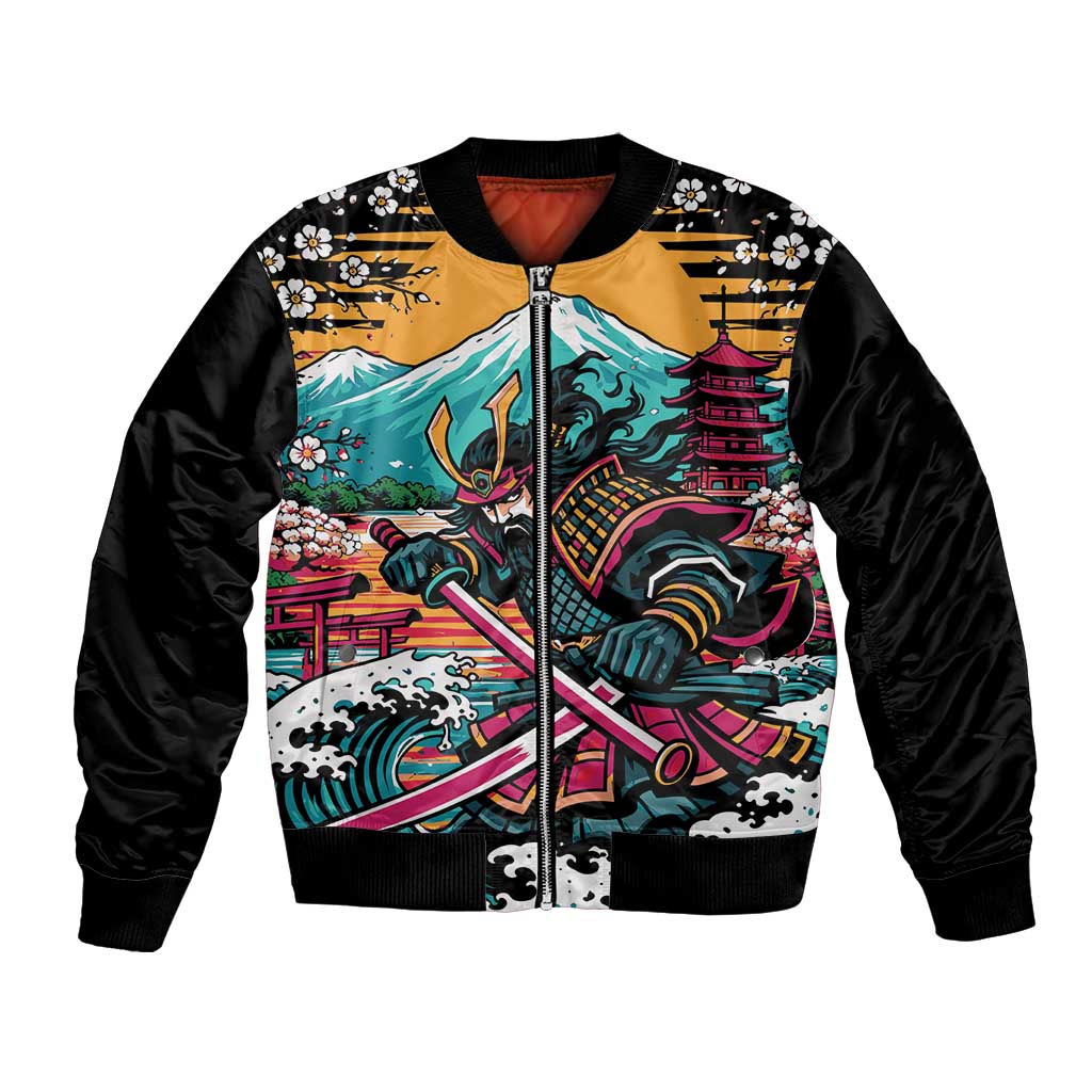 Japanese Samurai Warrior Mount Fuji Bomber Jacket Katana Japanese Wave Cherry Blossom Art