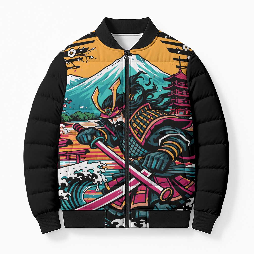Japanese Samurai Warrior Mount Fuji Bomber Puffer Jacket Katana Japanese Wave Cherry Blossom Art