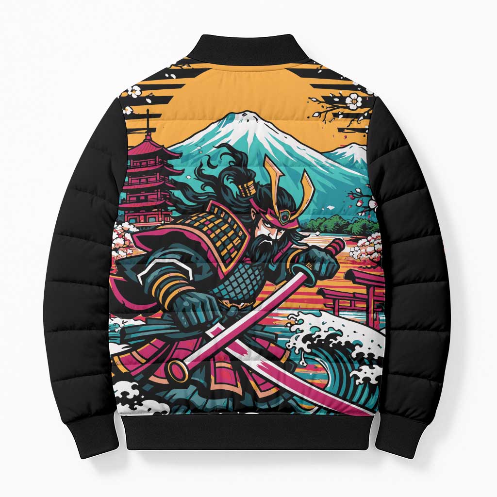 Japanese Samurai Warrior Mount Fuji Bomber Puffer Jacket Katana Japanese Wave Cherry Blossom Art