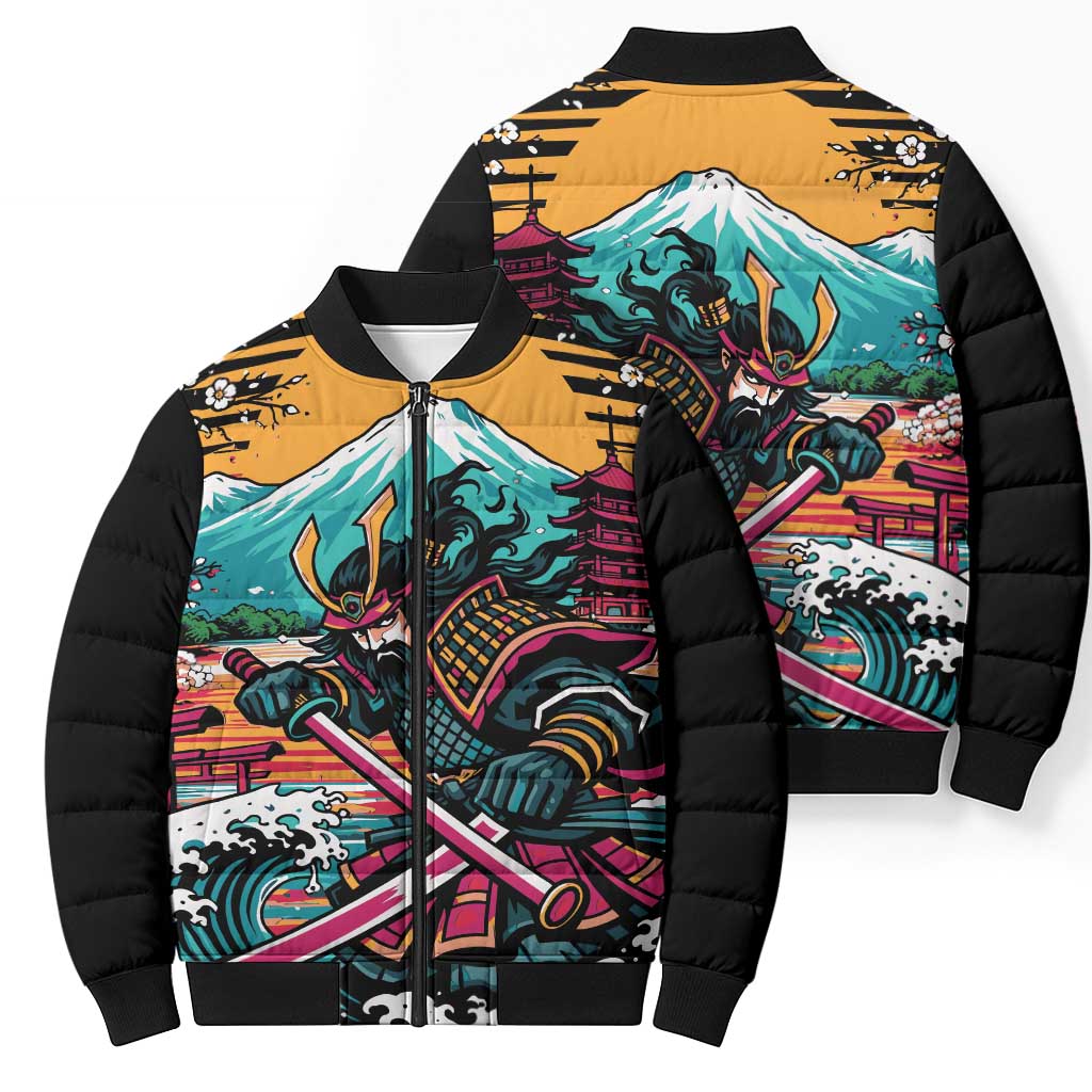 Japanese Samurai Warrior Mount Fuji Bomber Puffer Jacket Katana Japanese Wave Cherry Blossom Art