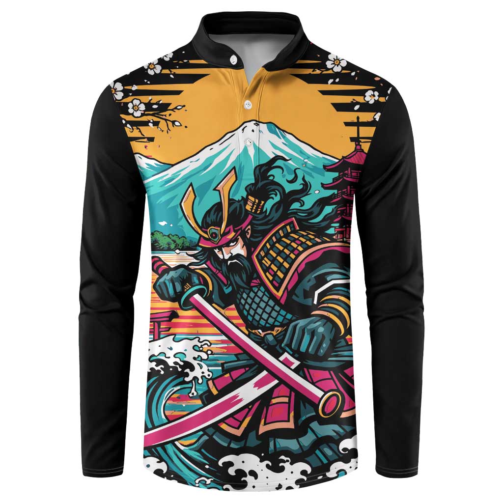 Japanese Samurai Warrior Mount Fuji Button Sweatshirt Katana Japanese Wave Cherry Blossom Art