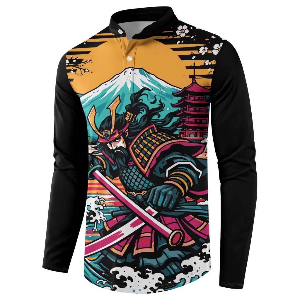 Japanese Samurai Warrior Mount Fuji Button Sweatshirt Katana Japanese Wave Cherry Blossom Art