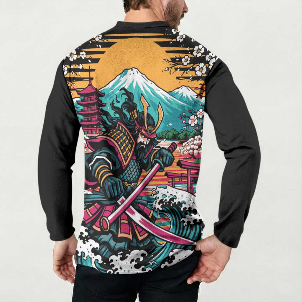 Japanese Samurai Warrior Mount Fuji Button Sweatshirt Katana Japanese Wave Cherry Blossom Art