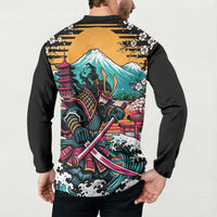 Japanese Samurai Warrior Mount Fuji Button Sweatshirt Katana Japanese Wave Cherry Blossom Art