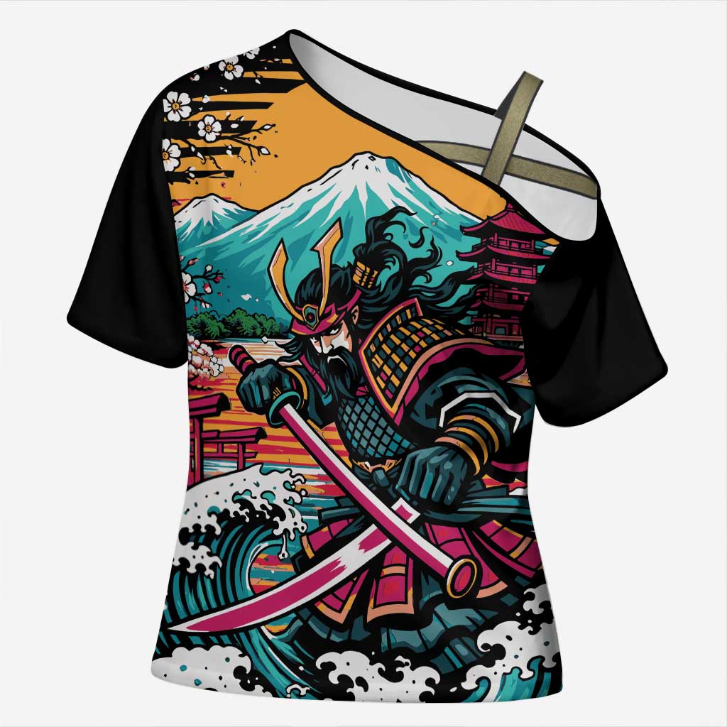Japanese Samurai Warrior Mount Fuji Cross Shoulder Shirt Katana Japanese Wave Cherry Blossom Art