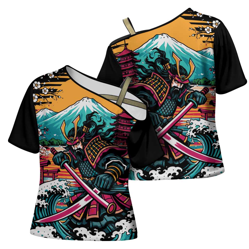 Japanese Samurai Warrior Mount Fuji Cross Shoulder Shirt Katana Japanese Wave Cherry Blossom Art
