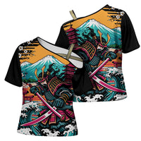 Japanese Samurai Warrior Mount Fuji Cross Shoulder Shirt Katana Japanese Wave Cherry Blossom Art