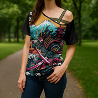 Japanese Samurai Warrior Mount Fuji Cross Shoulder Shirt Katana Japanese Wave Cherry Blossom Art