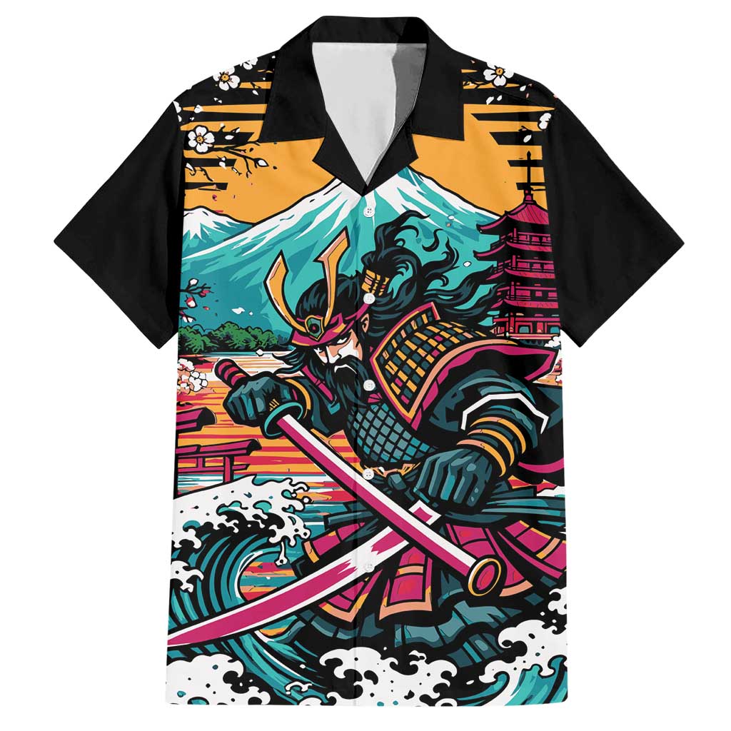 Japanese Samurai Warrior Mount Fuji Hawaiian Shirt Katana Japanese Wave Cherry Blossom Art