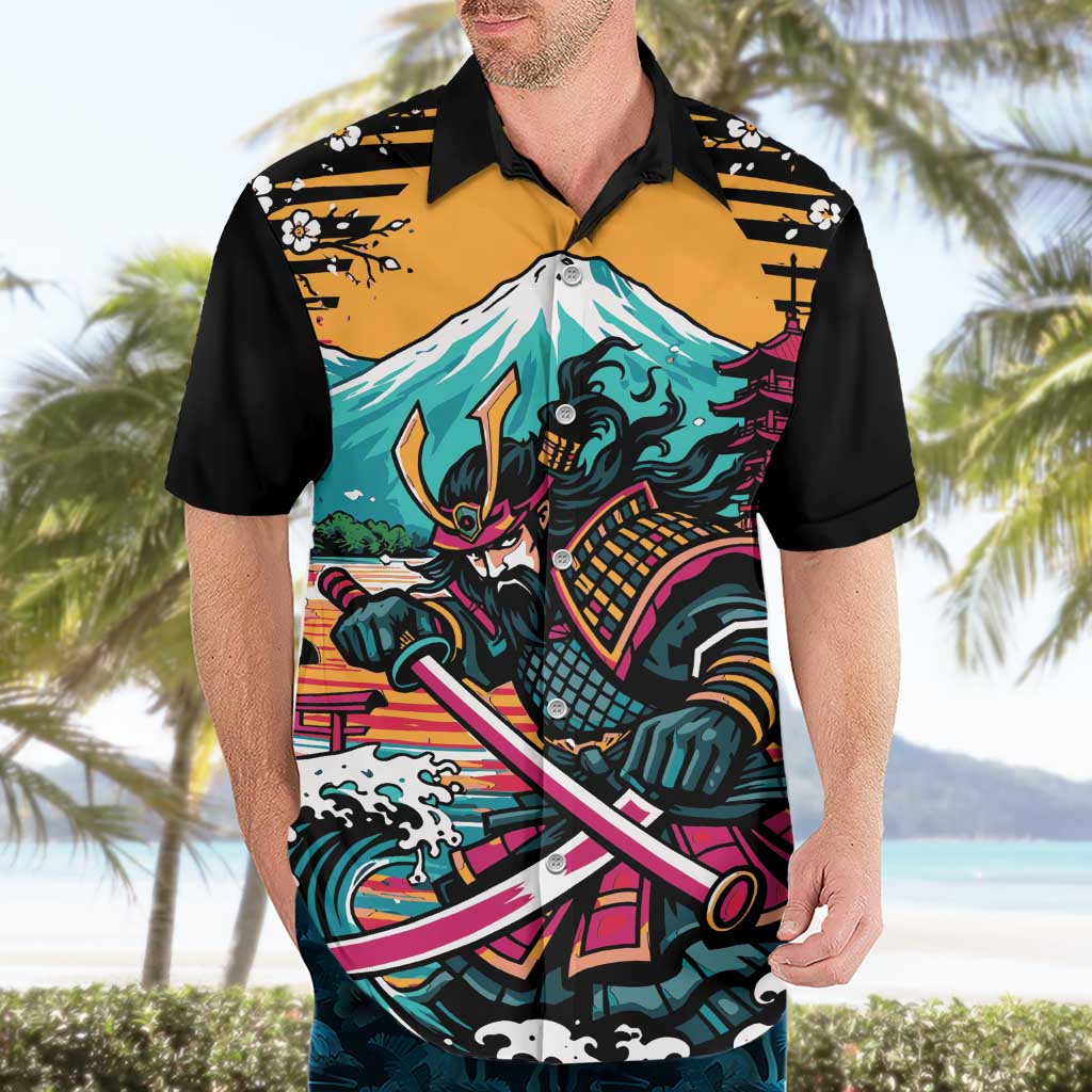 Japanese Samurai Warrior Mount Fuji Hawaiian Shirt Katana Japanese Wave Cherry Blossom Art