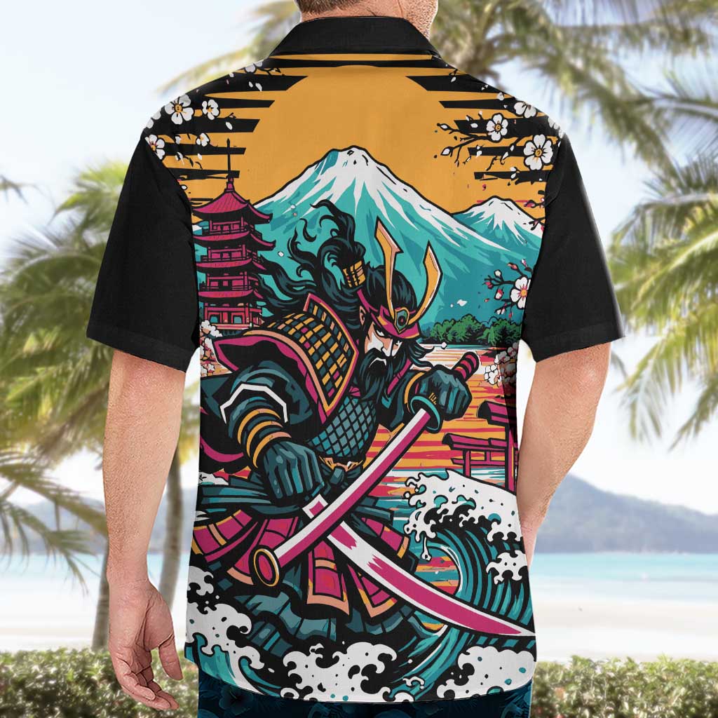 Japanese Samurai Warrior Mount Fuji Hawaiian Shirt Katana Japanese Wave Cherry Blossom Art