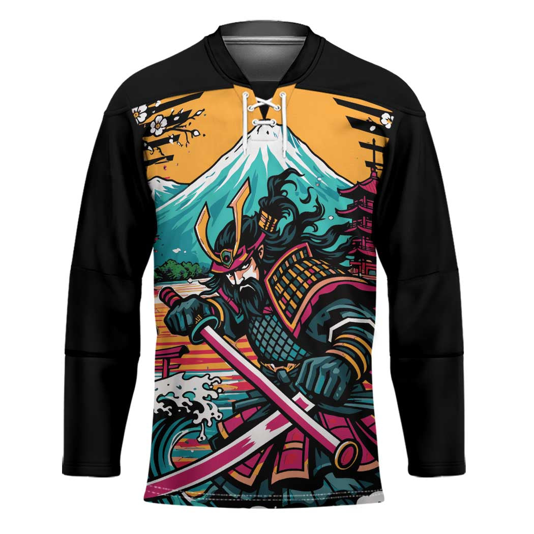 Japanese Samurai Warrior Mount Fuji Hockey Jersey Katana Japanese Wave Cherry Blossom Art