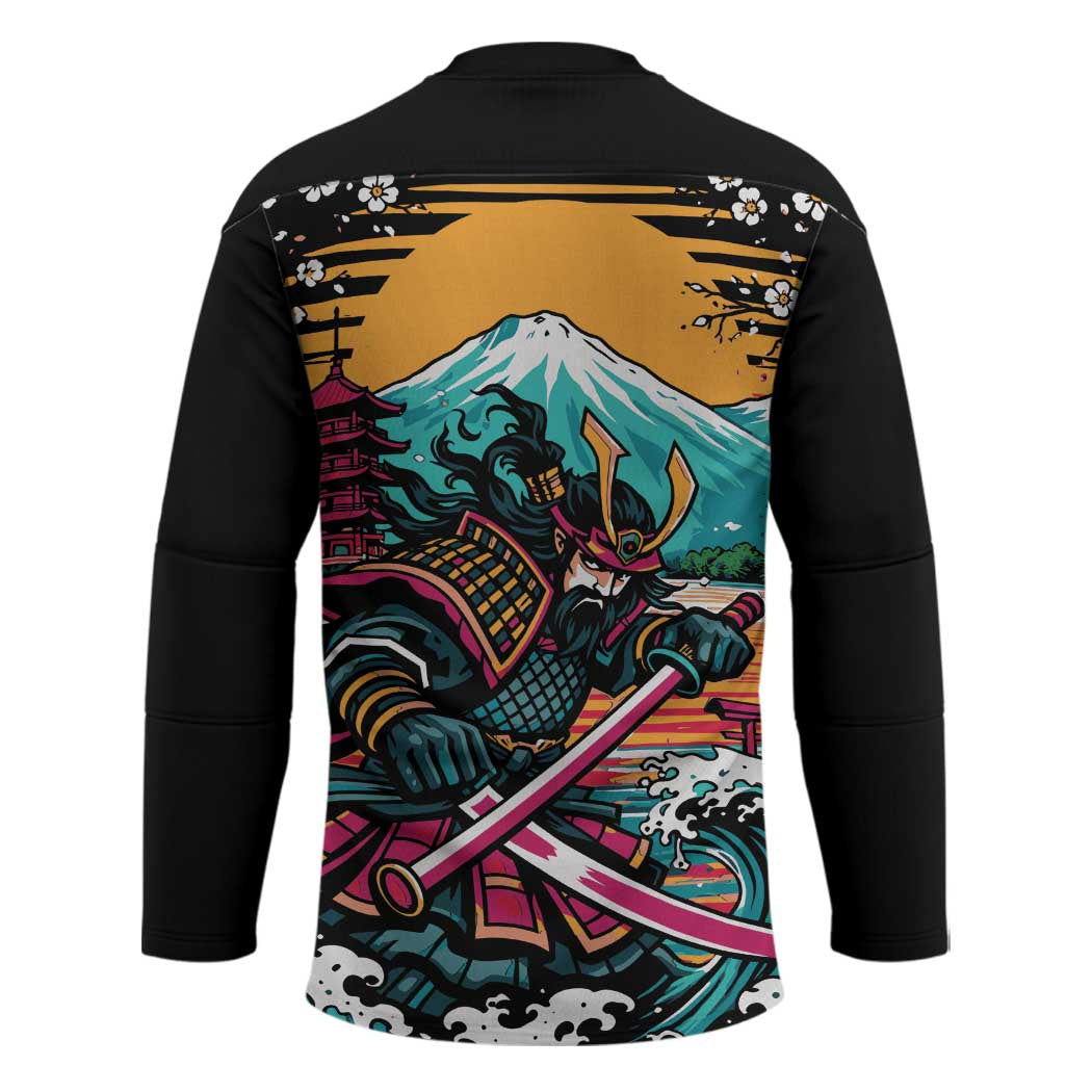 Japanese Samurai Warrior Mount Fuji Hockey Jersey Katana Japanese Wave Cherry Blossom Art