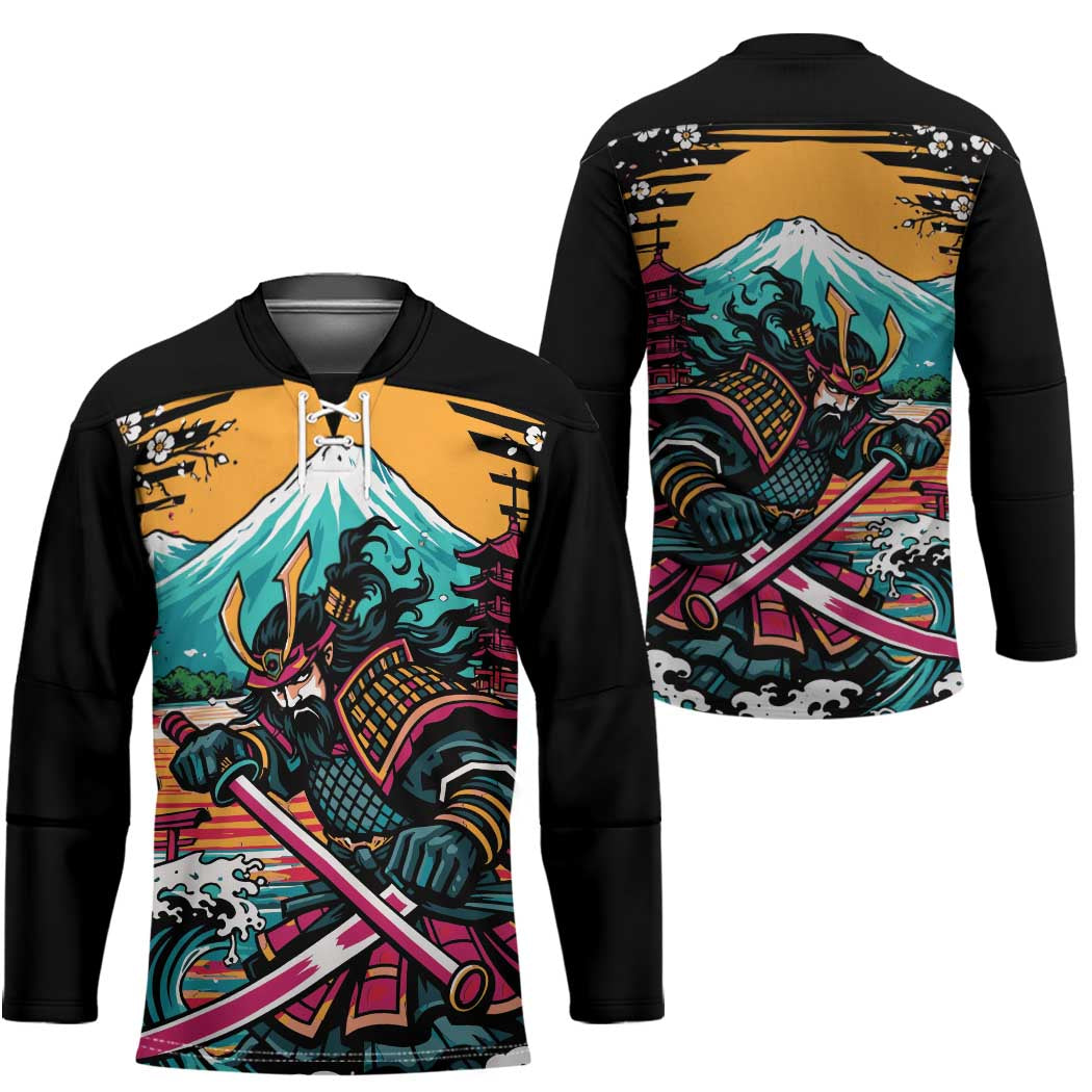Japanese Samurai Warrior Mount Fuji Hockey Jersey Katana Japanese Wave Cherry Blossom Art