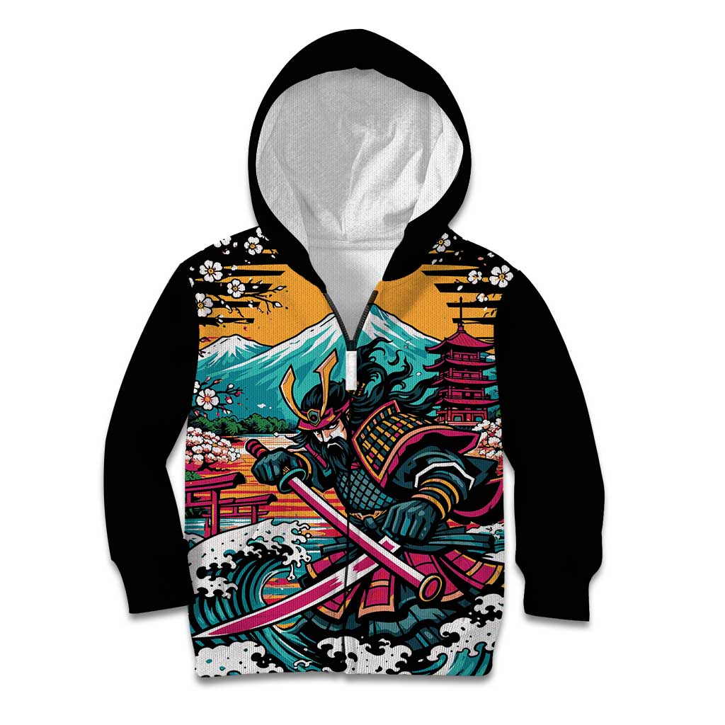 Japanese Samurai Warrior Mount Fuji Kid Hoodie Katana Japanese Wave Cherry Blossom Art