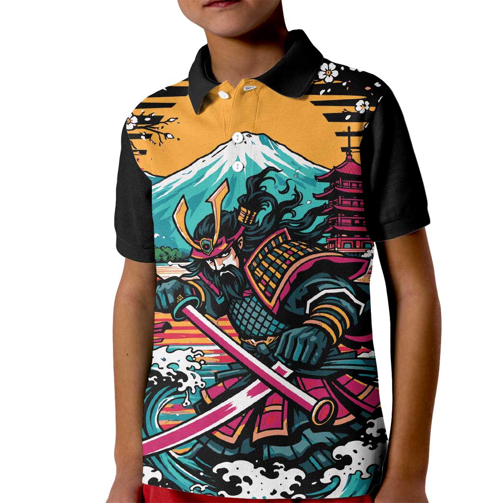 Japanese Samurai Warrior Mount Fuji Kid Polo Shirt Katana Japanese Wave Cherry Blossom Art