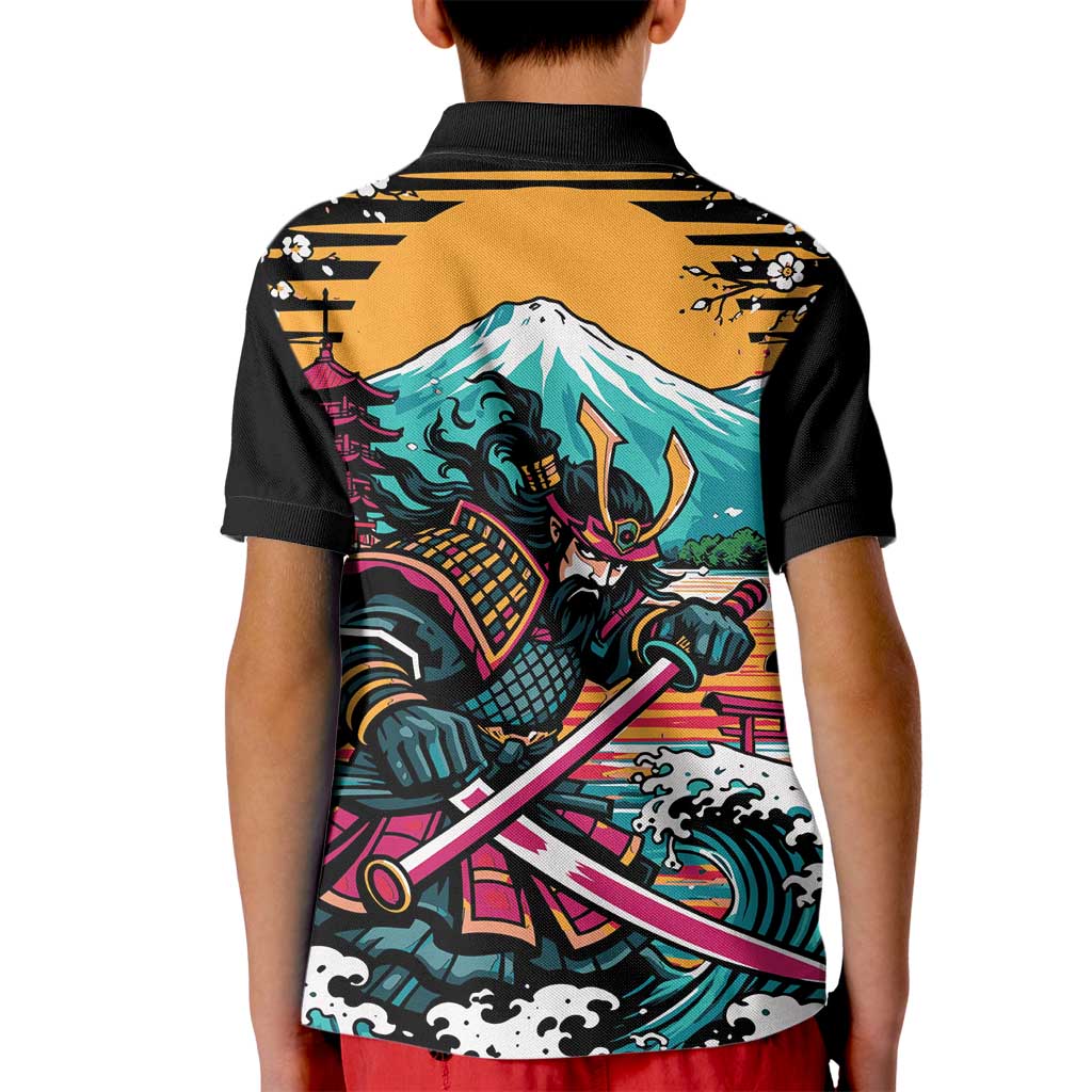 Japanese Samurai Warrior Mount Fuji Kid Polo Shirt Katana Japanese Wave Cherry Blossom Art