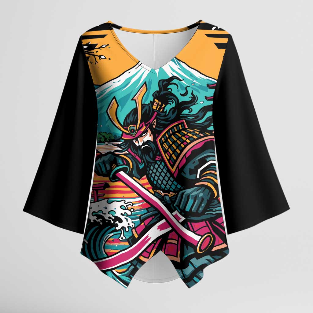 Japanese Samurai Warrior Mount Fuji Kimono Sleeve Blouse Katana Japanese Wave Cherry Blossom Art