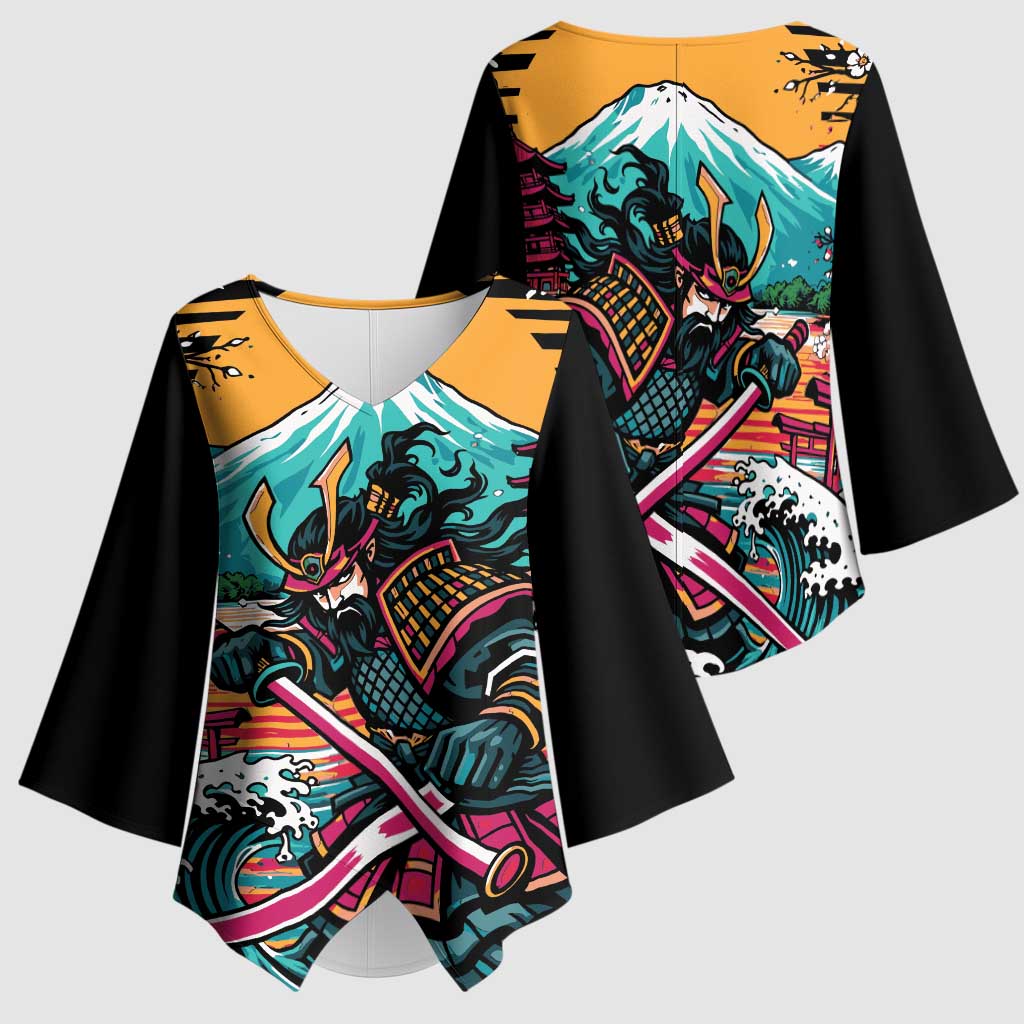 Japanese Samurai Warrior Mount Fuji Kimono Sleeve Blouse Katana Japanese Wave Cherry Blossom Art