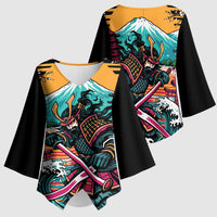Japanese Samurai Warrior Mount Fuji Kimono Sleeve Blouse Katana Japanese Wave Cherry Blossom Art