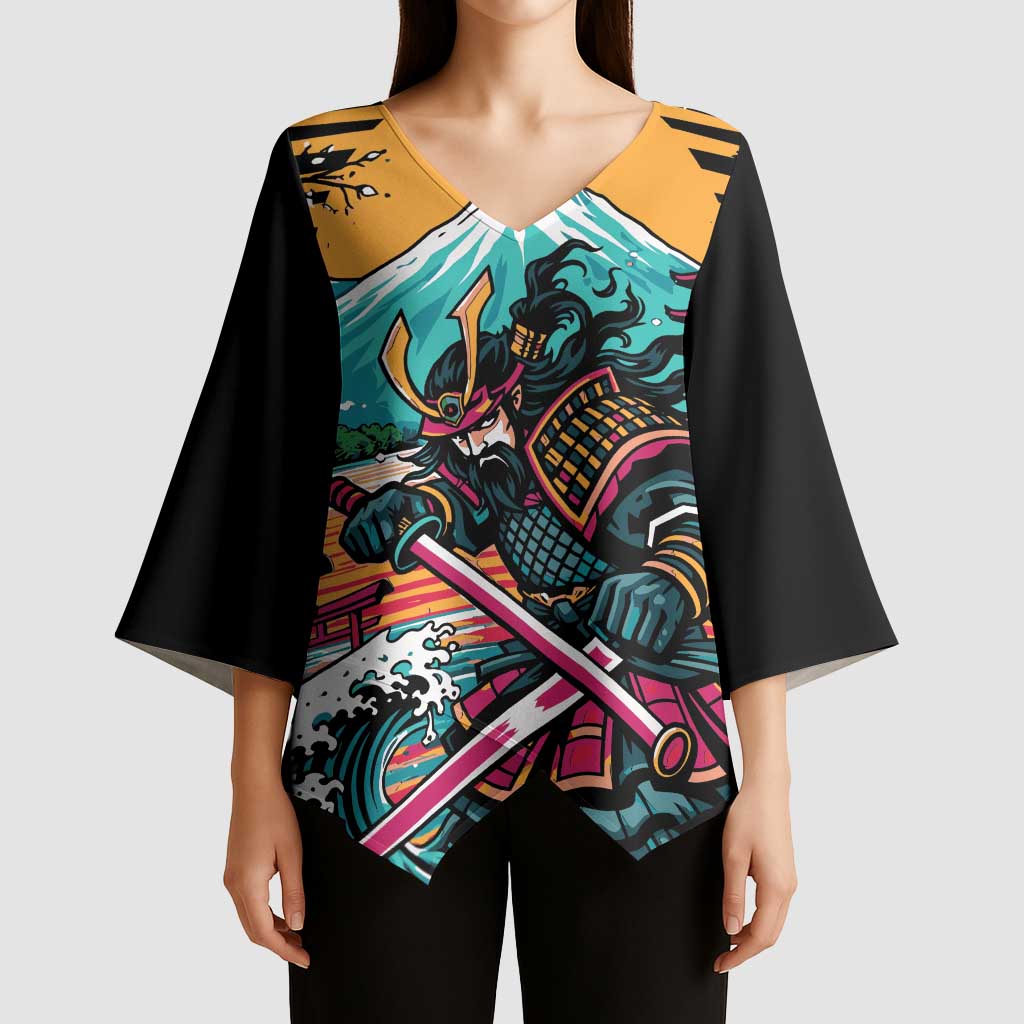 Japanese Samurai Warrior Mount Fuji Kimono Sleeve Blouse Katana Japanese Wave Cherry Blossom Art