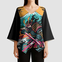Japanese Samurai Warrior Mount Fuji Kimono Sleeve Blouse Katana Japanese Wave Cherry Blossom Art