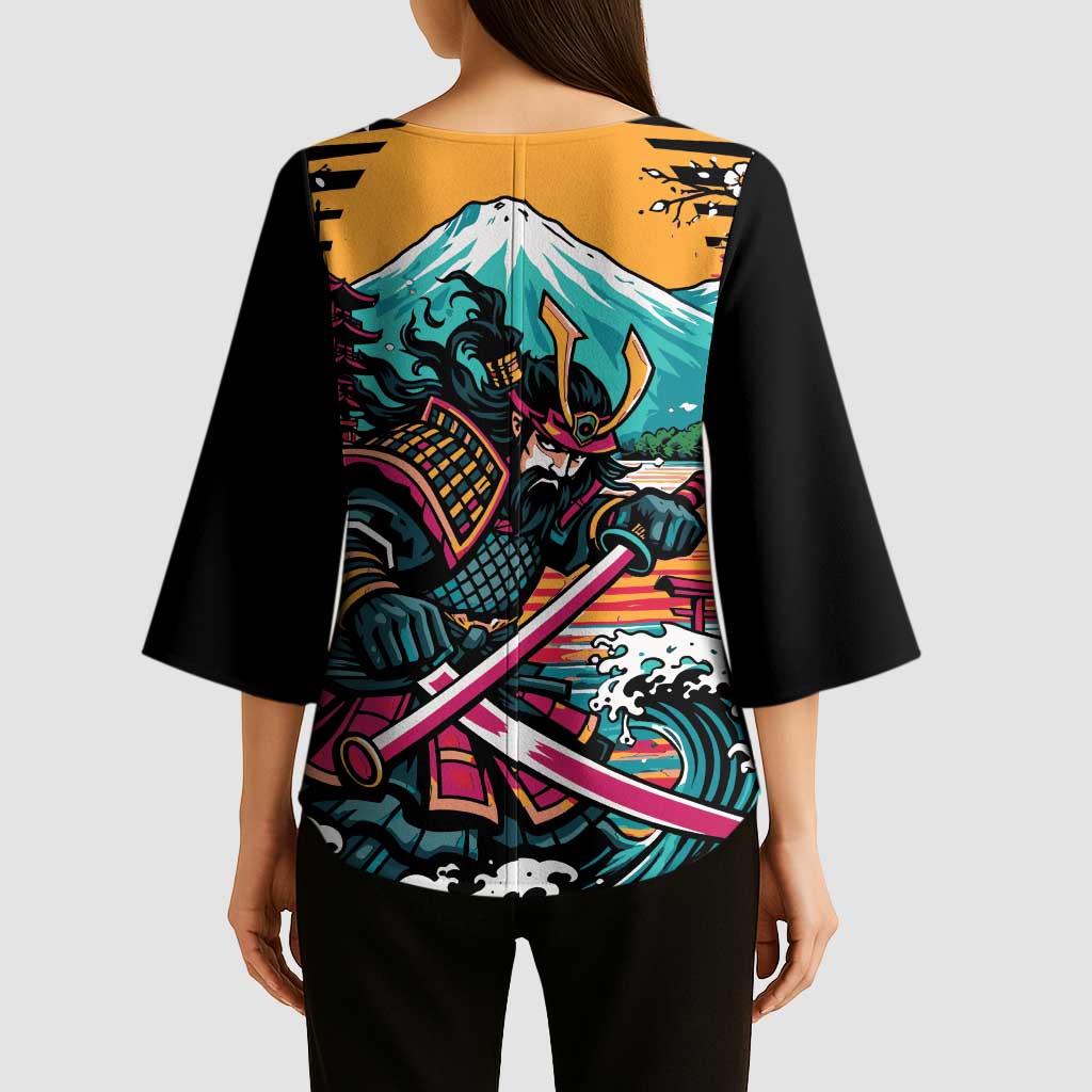Japanese Samurai Warrior Mount Fuji Kimono Sleeve Blouse Katana Japanese Wave Cherry Blossom Art