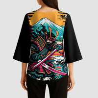 Japanese Samurai Warrior Mount Fuji Kimono Sleeve Blouse Katana Japanese Wave Cherry Blossom Art